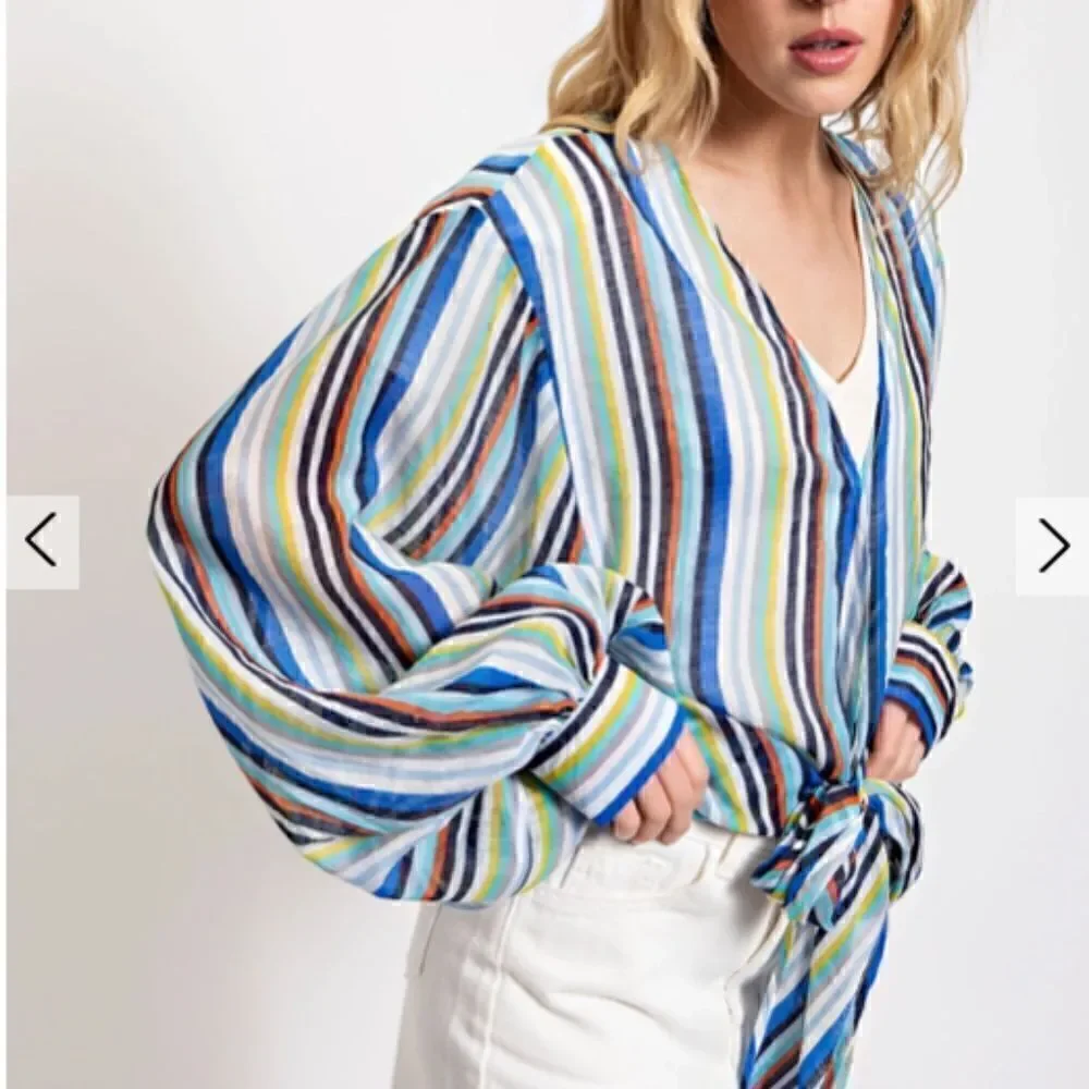 Sweet Blue Striped Front Tie Long Sleeve Shirt with Snap Button Boho Fe…